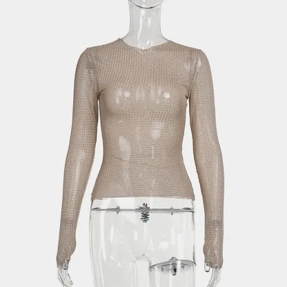 Rosa Taupe Rhinestone Sheer Mesh Round Neck Long Sleeve Top RCWJ03140