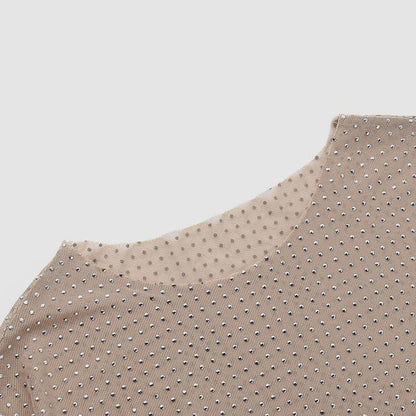Rosa Taupe Rhinestone Sheer Mesh Round Neck Long Sleeve Top RCWJ03140