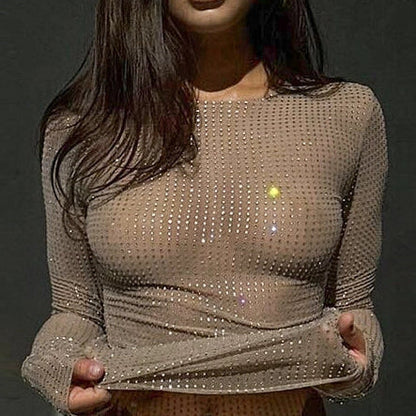 Rosa Taupe Rhinestone Sheer Mesh Round Neck Long Sleeve Top RCWJ03140