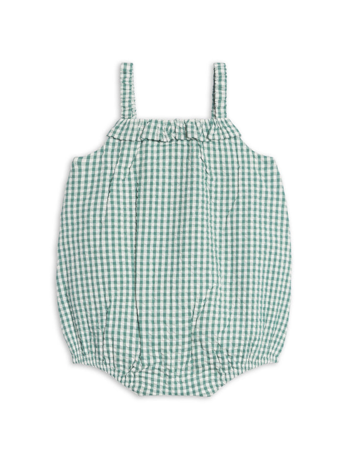 Rosalie Seersucker Ruffle Bubble Romper - Laguna Gingham - Wee Bee Baby Boutique