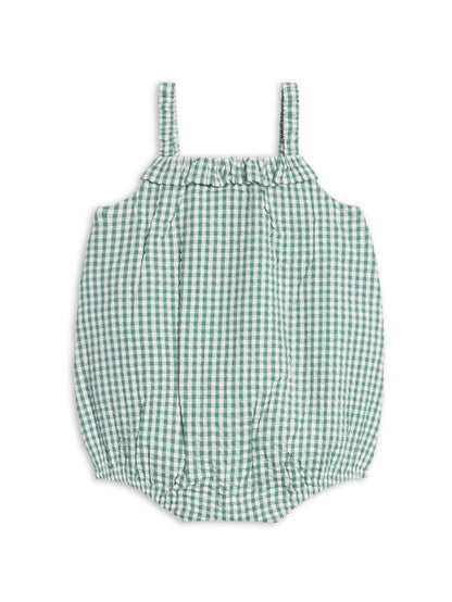 Rosalie Seersucker Ruffle Bubble Romper - Laguna Gingham - Wee Bee Baby Boutique