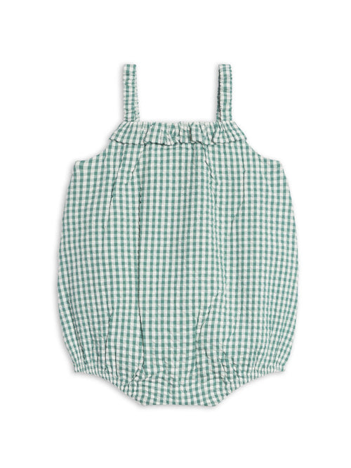 Rosalie Seersucker Ruffle Bubble Romper - Laguna Gingham - Wee Bee Baby Boutique