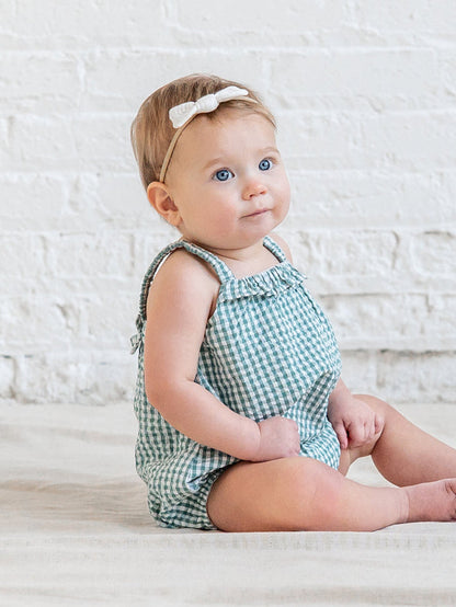 Rosalie Seersucker Ruffle Bubble Romper - Laguna Gingham - Wee Bee Baby Boutique