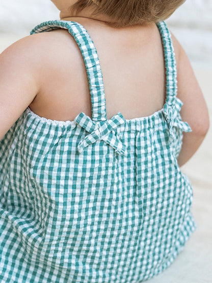Rosalie Seersucker Ruffle Bubble Romper - Laguna Gingham - Wee Bee Baby Boutique