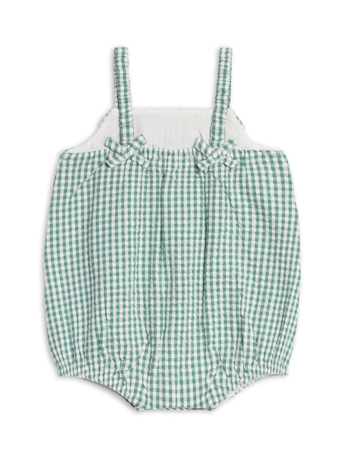 Rosalie Seersucker Ruffle Bubble Romper - Laguna Gingham - Wee Bee Baby Boutique