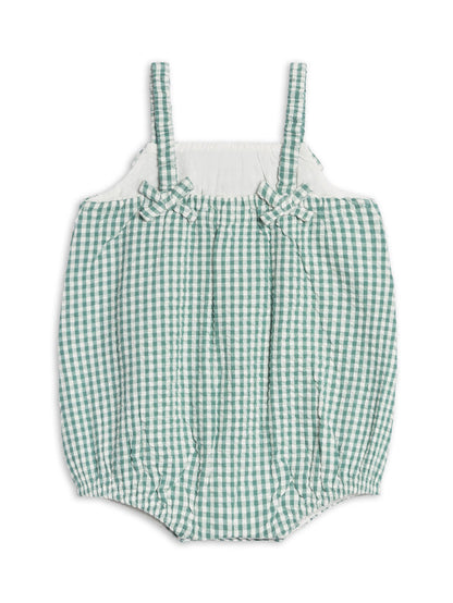 Rosalie Seersucker Ruffle Bubble Romper - Laguna Gingham - Wee Bee Baby Boutique