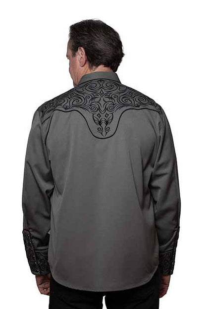 Scully Men's Charcoal Grey Embroidered Pearl Snap Long Sleeve Western Shirt P-936-CHAR