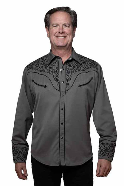 Scully Men's Charcoal Grey Embroidered Pearl Snap Long Sleeve Western Shirt P-936-CHAR