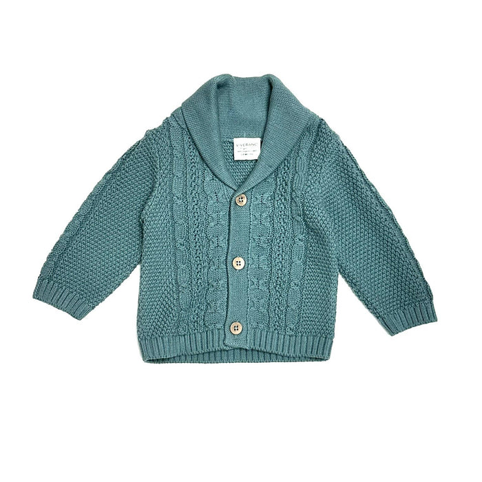 Shawl Collar Cable Knit Baby Cardigan Sweater (Organic) / Teal Blue - Wee Bee Baby Boutique