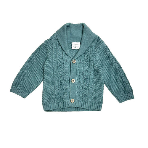 Shawl Collar Cable Knit Baby Cardigan Sweater (Organic) / Teal Blue - Wee Bee Baby Boutique