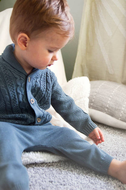Shawl Collar Cable Knit Baby Cardigan Sweater (Organic) / Teal Blue - Wee Bee Baby Boutique