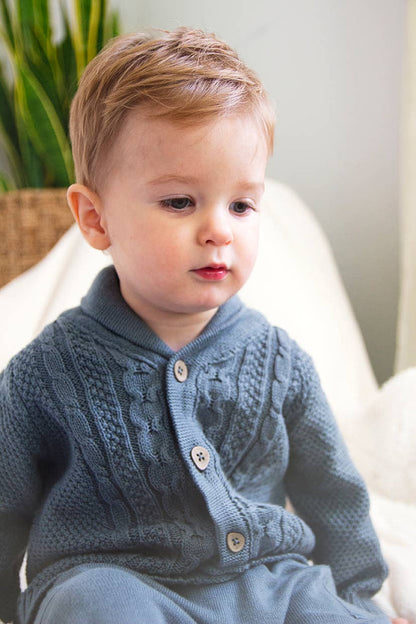 Shawl Collar Cable Knit Baby Cardigan Sweater (Organic) / Teal Blue - Wee Bee Baby Boutique