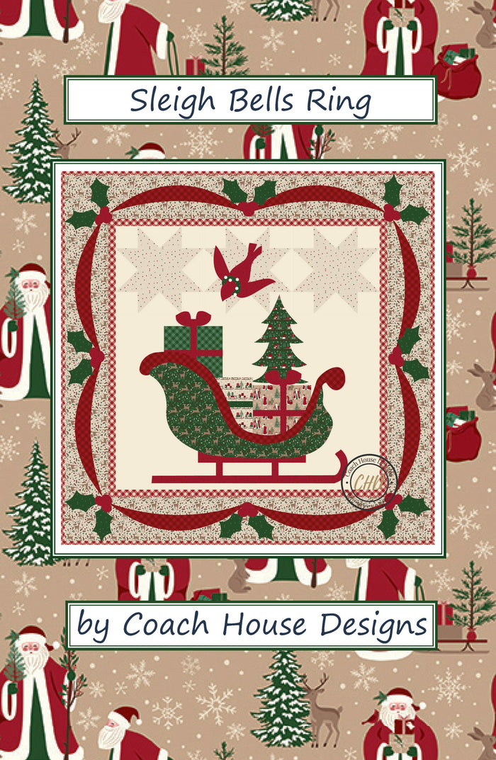 Appliqued wall or lap quilt pattern cover featuring Santa's sleigh filled with presents and a Christmas Tree.