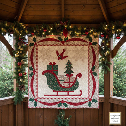 Christmas-themed quilt with a sleigh and presents on a wooden porch decorated with lights and garlands.