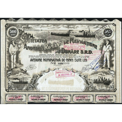 Societatea Anonima Romana de Navigatiune pe Dunare S.R.D. 1914 Roumania Stock Certificate