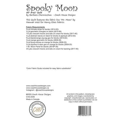 Textual information about a lap quilt sewing pattern titled 'Spooky Moon" by Coach House Designs. This page contains information about the design specifications and fabric requirements to make the quilt.