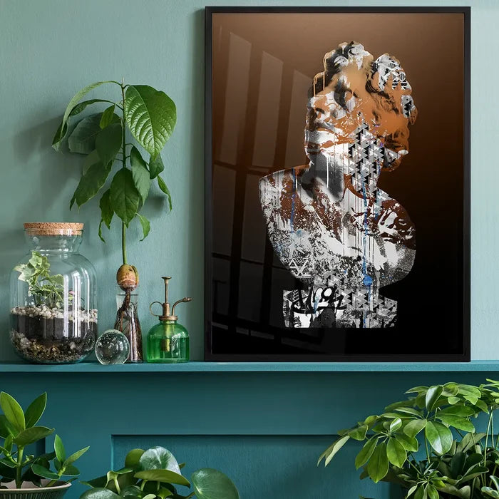 Urban art print of a classic bust with brown, white, and black graffiti on archival paper.
