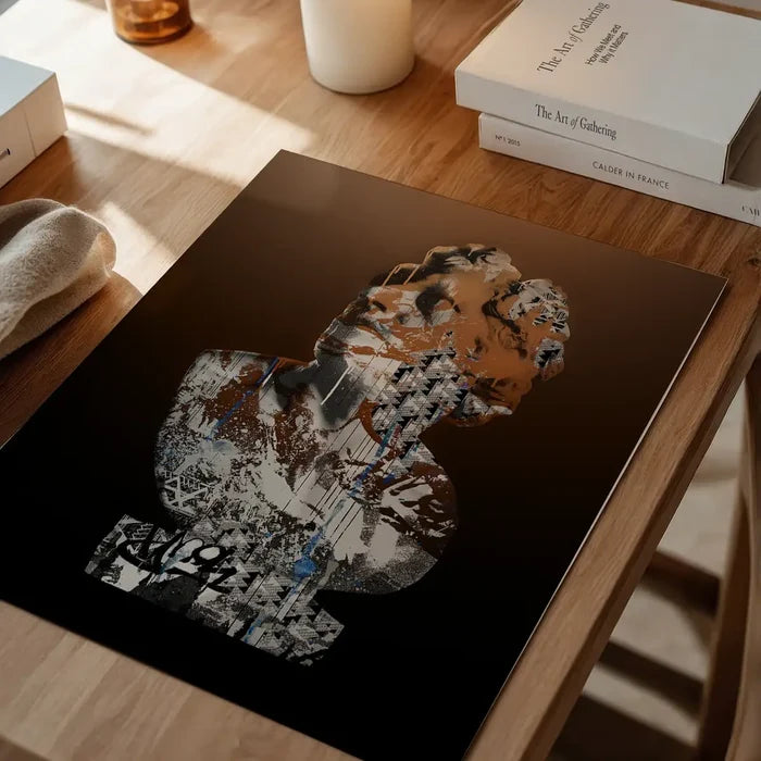 Graffiti print of a classic bust with urban art style, black background, brown, white, and blue accents.
