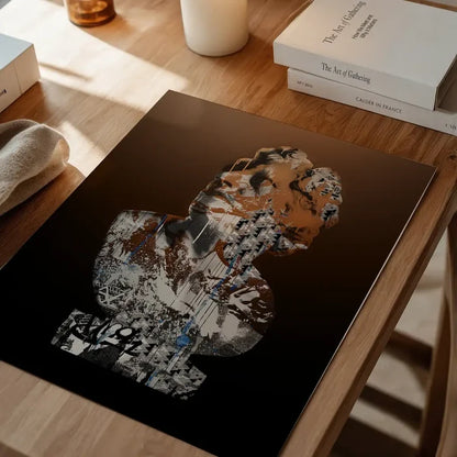Graffiti print of a classic bust with urban art style, black background, brown, white, and blue accents.