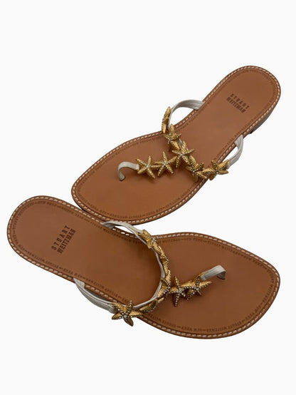 Stuart Weitzman Starfish Sandals Women 9 White Leather Gold Crystal Thong Slide Shoes