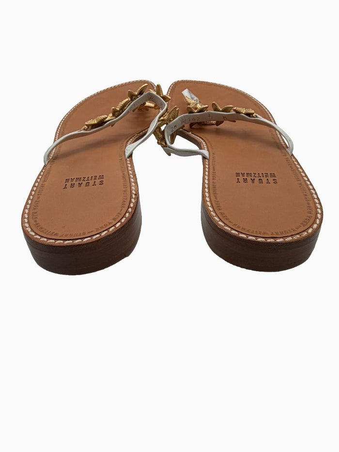 Stuart Weitzman Starfish Sandals Women 9 White Leather Gold Crystal Thong Slide Shoes