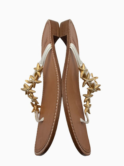 Stuart Weitzman Starfish Sandals Women 9 White Leather Gold Crystal Thong Slide Shoes