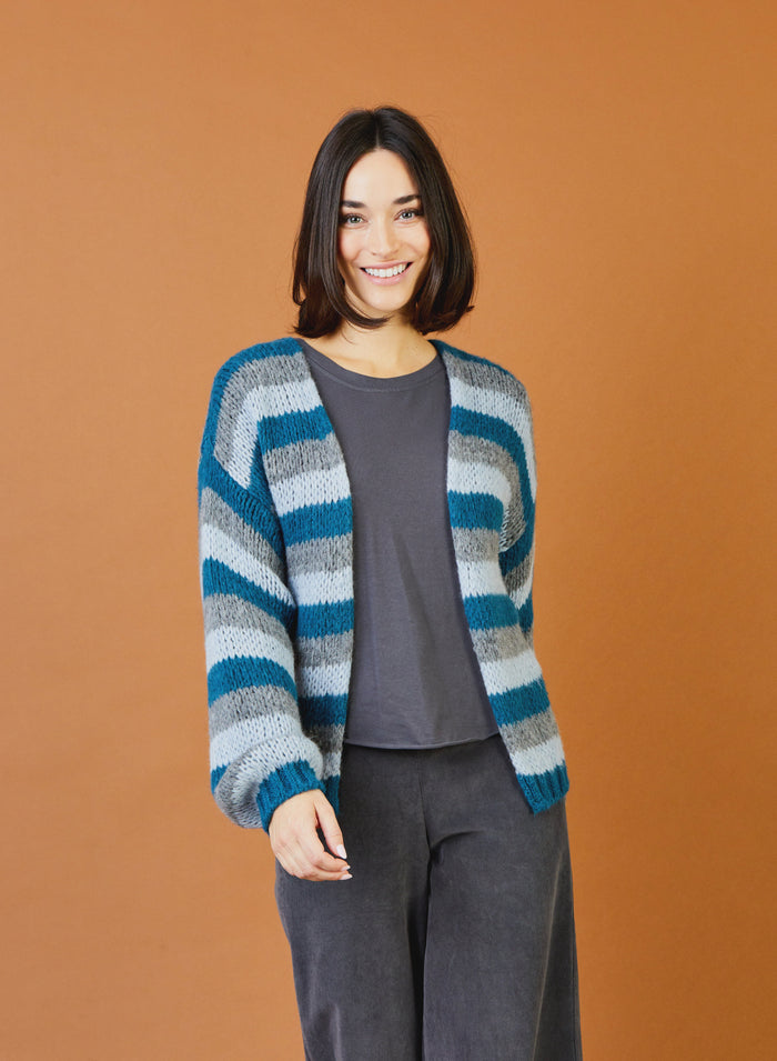 Suzy D London Felicity Stripe Bubble Shape Open Knit Cardigan Teal - Precious Sparkle