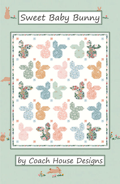 Cover for 'Sweet Baby Bunny' lap quilt pattern by Coach House Designs. This  design featured a repeated pattern of 25 blocked bunny heads, each with one cockeyed ear. The bunnies are in a variety of gorgeous pastel colors in pink greens, yellows and blues on a white background.