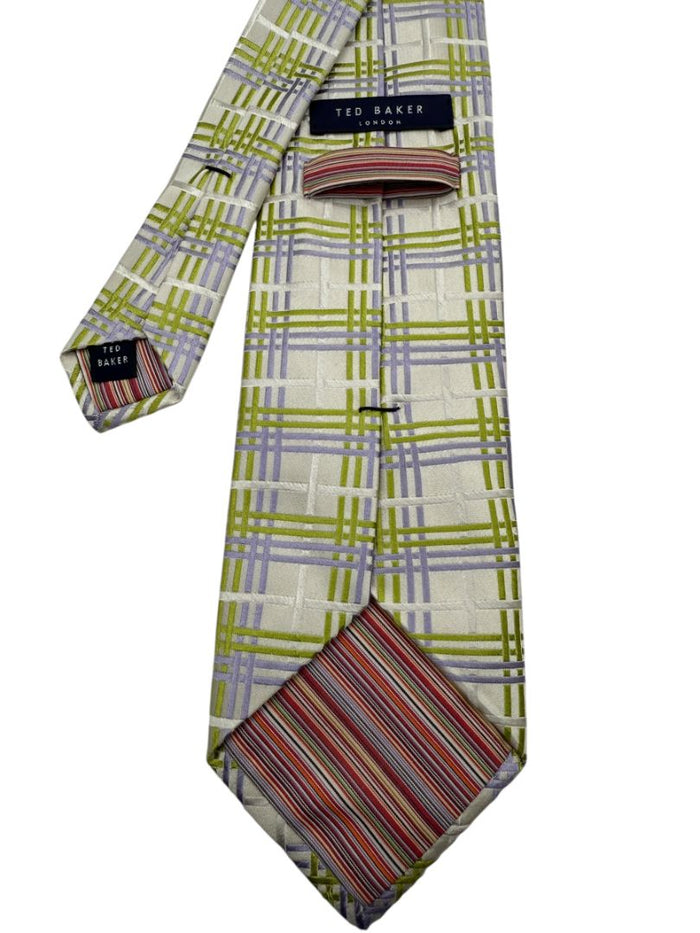 Ted Baker London Silk Necktie in Ivory, Lilac & Chartreuse Plaid – Excellent Pre-Owned Condition