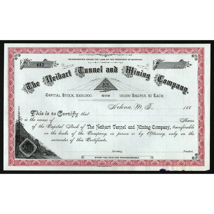 The Neihart Tunnel and Mining Company Montana Stock Certificate