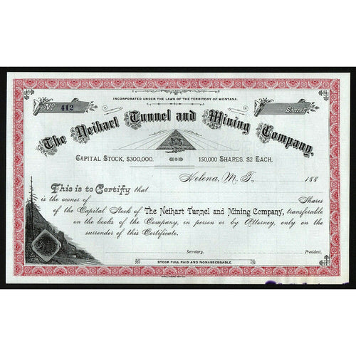 The Neihart Tunnel and Mining Company Montana Stock Certificate