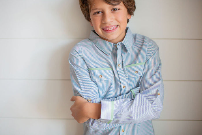 The Sea Shirt - Stripe with Green Piping - Wee Bee Baby Boutique