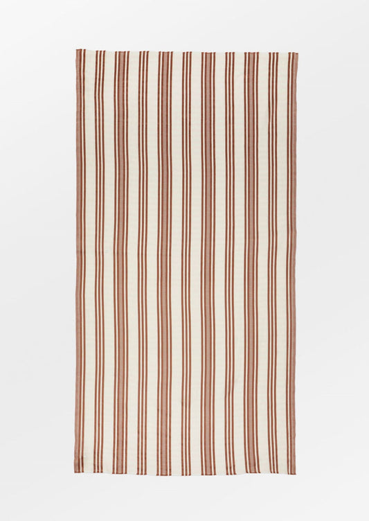A cream cotton scarf with vertical brown stripe pattern.