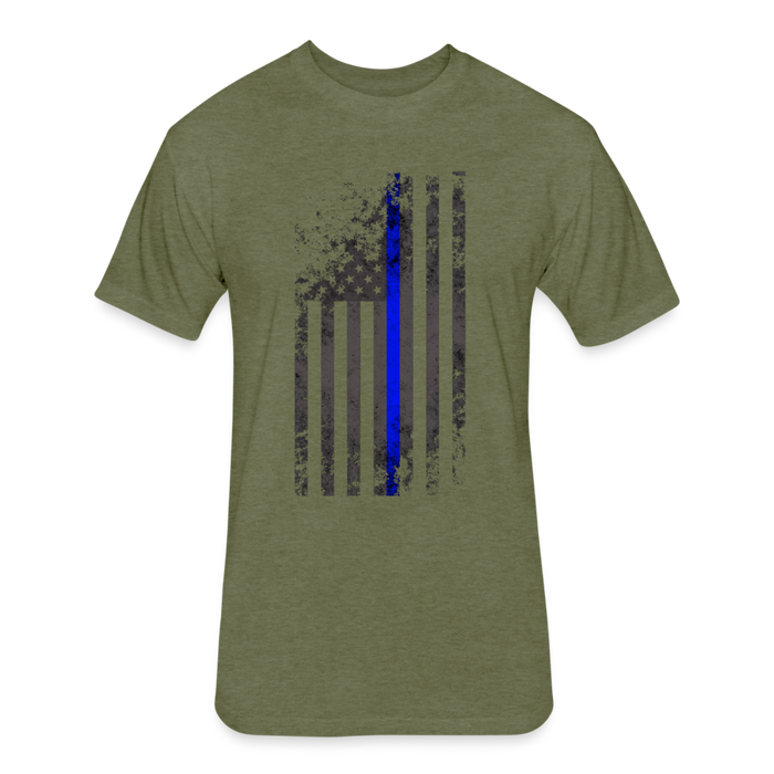 Unisex Poly/Cotton T-Shirt by Next Level - Thin Blue Line Distressed Vertical Flag - heather military green