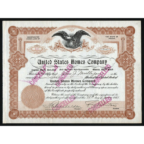 United States Homes Company Indiana Stock Certificate