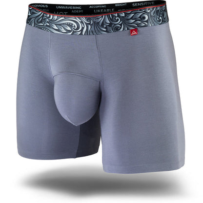 Stone Grey men's boxer brief featuring a contoured single layer Pouch with with horizontal fly, patterned waistband, seamless hems and a 5" inseam. Front Image.
