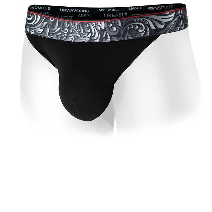 Black Vesuvius Thong with a  patterned waistband on a white background. Front view.