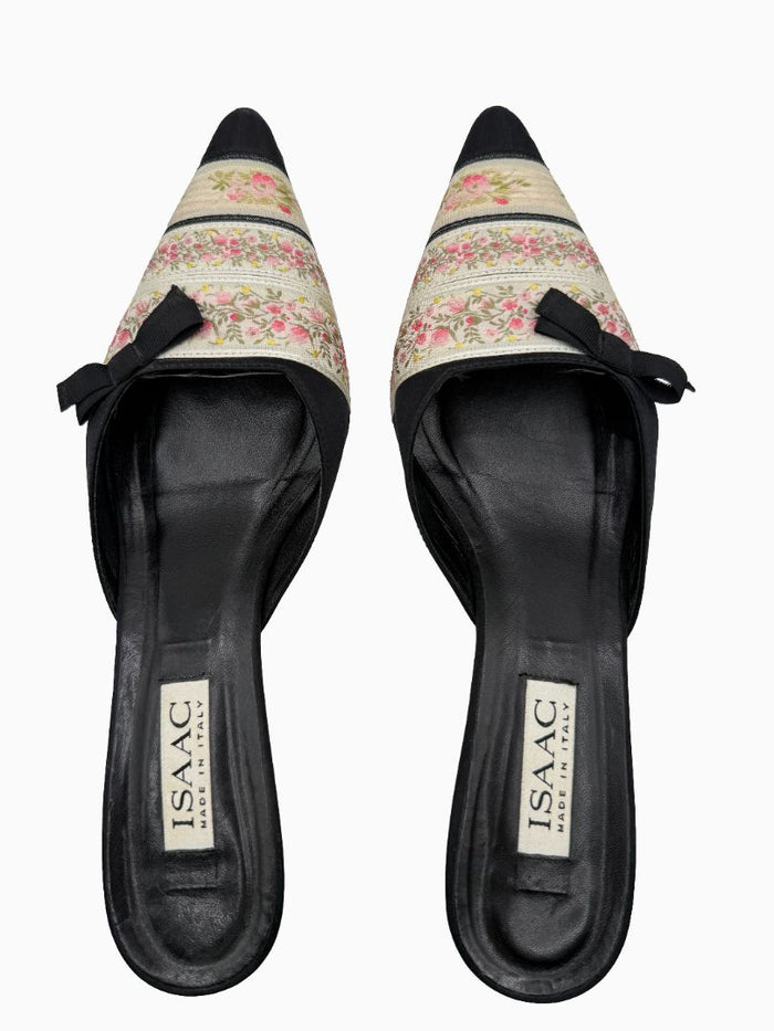 Vintage Isaac Mizrahi Floral Brocade Satin Kitten Heel Mules Shoes 9 Italy