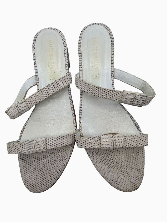 Bottega Veneta White Lizard Embossed Leather Slide Sandals Flat Italy Women's EU 39.5