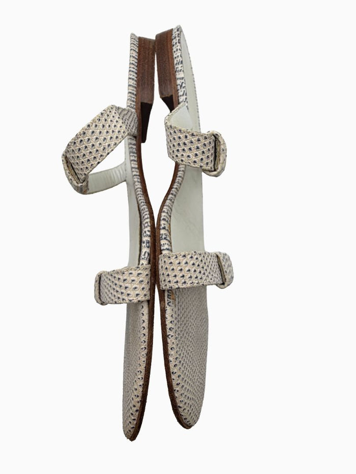 Bottega Veneta White Lizard Embossed Leather Slide Sandals Flat Italy Women's EU 39.5
