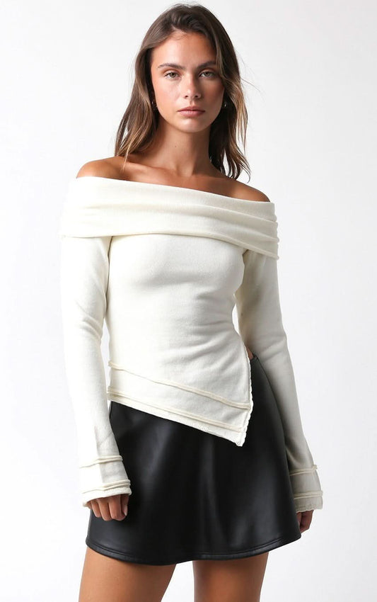 Andrea White Off Shoulder Asymmetric Sweater Top