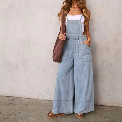 Women Blue Wide Leg Pocket Denim Overalls Jumpsuit