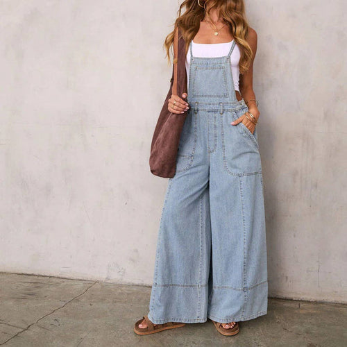 Women Blue Wide Leg Pocket Denim Overalls Jumpsuit