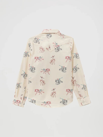 Wrangler Girl's Off White Cowboy Horse Print Pearl Snap Long Sleeve Western Shirt 112371871