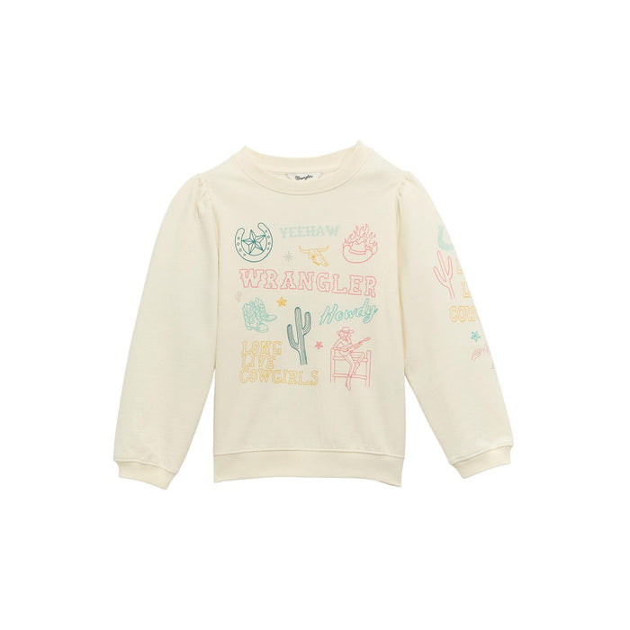 Wrangler Girl's Off White Western Graphic Print Puff Sleeve Pullover Sweatshirt 112375248