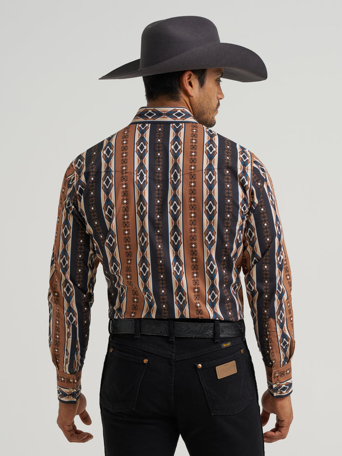 Wrangler Men's Brown Aztec Stripe Checotah Print Pearl Snap Long Sleeve Western Shirt 112381991