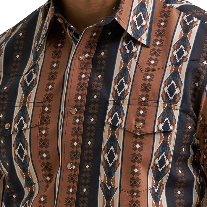 Wrangler Men's Brown Aztec Stripe Checotah Print Pearl Snap Long Sleeve Western Shirt 112381991