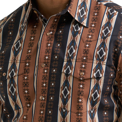 Wrangler Men's Brown Aztec Stripe Checotah Print Pearl Snap Long Sleeve Western Shirt 112381991