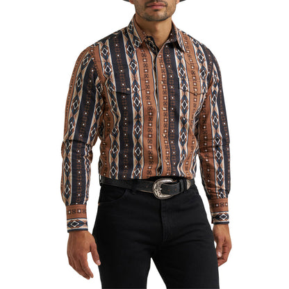 Wrangler Men's Brown Aztec Stripe Checotah Print Pearl Snap Long Sleeve Western Shirt 112381991