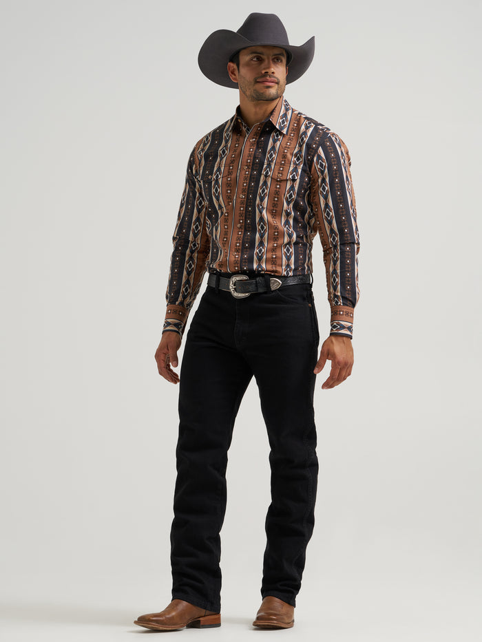 Wrangler Men's Brown Aztec Stripe Checotah Print Pearl Snap Long Sleeve Western Shirt 112381991